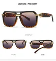 Detail view of leopard print square sunglasses with gold metal hinges and pink gray lenses - Black Tortoise Frame Grey Pink Lens