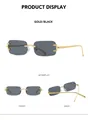 Vista en tres ángulos de gafas de sol rectangulares sin montura en metal dorado vintage - Montura Dorada Negro Gris