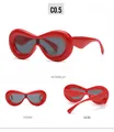 Detailed views of red oval one-piece fashion sunglasses with dark gray lenses - Red Style (C5 Red Frame Black Gray Lenses)