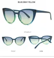 Dettagli degli occhiali da sole cat-eye con montatura blu trasparente e lenti sfumate - Montatura Blu Giallo Sfumato