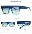 Gafas de sol cuadradas azules con lentes degradadas y detalles de remaches, vistas múltiples - Montura Azul Degradado Amarillo