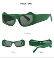 Green cat eye sunglasses with gray lenses shown from front, side, and 45-degree angles - Green Frame Grey Lens
