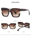 Drei-Wege-Ansicht der braunen quadratischen Sonnenbrille mit goldenen Metalldetails - Teefarbener Rahmen Tee Farbverlauf Gläser