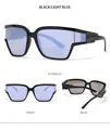 Detailed views of black square sunglasses featuring light blue translucent lenses - Black Frame Light Silver