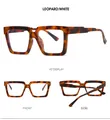 Detailed views of leopard print square glasses frame showing front and side profile - Demi Frame Clear Lens