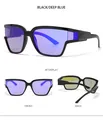 Three-view display of black large frame sunglasses with gradient deep blue reflective lenses - Black Frame Blue Mirror
