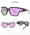 Three-way view of square black sunglasses featuring reflective purple mirror lenses - Black Frame Purple Coating