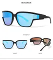 Three views of black wide-frame fashion sunglasses with reflective blue mercury lenses - Black Frame / Ice Blue Mirror
