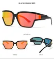 Detailed multi-angle views of black oversized sunglasses with orange red mirror lenses - Black Frame Red Mirror