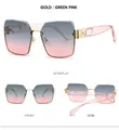 Drei-Ansichten-Layout der randlosen quadratischen Oversize-Sonnenbrille mit goldenem Metallsteg - Rosa Rahmen Graurosa Linse