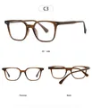Three-angle view of amber square frame glasses with anti-blue light metal rivet hinges - Anti blue light / Dark Brown Frame