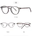 Three perspectives of transparent grey round glasses frames with detailed temple patterns - Transparent Grey