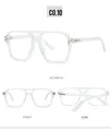 Detailed views of transparent square blue light glasses from front and side angles - Transparent Frame