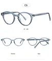 Detailed views of translucent blue round frame glasses with metallic temple core and rivets - Transparent Blue