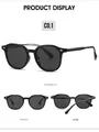Three-angle view of black retro oversized sunglasses with metallic hinge details - Black Frame Black Grey Lens