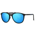 Polarisierte Herren Sonnenbrille in Mattschwarz mit blauen Spiegelgläsern und Federscharnier - Schwarzer Rahmen Eisblaue Folienlinsen