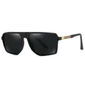 Men's retro polarized sunglasses with matte black square frames and tri-color temple stripes - Black Frame Black Grey Lens