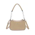 Bolso de media luna beige con asa de cadena plateada y letras de moda suaves - Caqui