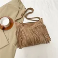 Brown suede fringe shoulder bag with bohemian tassels and adjustable strap for winter - Khaki