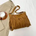 Brown fringe crossbody bag with matte texture and adjustable strap in bohemian style - Brown