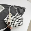 Classic black and white checkered tweed tote bag with elegant white faux leather handles - White Lattice