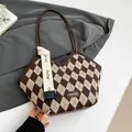 Brown and beige plaid canvas tote bag with V-cut opening and decorative letter ribbon - Argyle Brown
