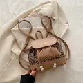 Chic khaki mini backpack with leopard print panels and fashion flap for women - Khaki