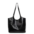 Grote zwarte glanzende tote bag van oliewasleder met gesp-schouderbanden voor dames - Eén maat / Zwart