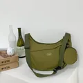 Olive green crescent shoulder bag with wide strap and matching round coin pouch - Green
