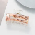 Macro detail of amber marble hair claw with Chinese calligraphy and red seal design - Brown