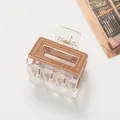 Detail of rectangular acrylic hair claw clip with Barrette La France lettering and gold spring - Dark Khaki