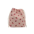 Pink corduroy drawstring bag featuring red strawberry patterns and cotton closure - Pink