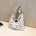 Large capacity corduroy strawberry print hobo bag with adjustable shoulder strap for women - White