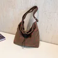 Large capacity brown corduroy tote bag with strawberry print and adjustable strap - Brown