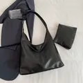 Chic black large capacity Hobo shoulder bag set with matching small zipper pouch - Black