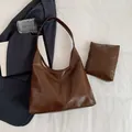 Retro dark brown oily leather tote bag set with a matching small zipper pouch - Brown