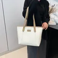 Large cream tote bag with khaki straps and FASHION label, minimalist casual shoulder bag - White