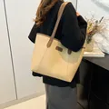 Minimalist beige tote bag with brown straps and FASHION label for daily commuting - Khaki