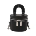 Fashionable black cylindrical bucket bag with white contrast stitching and dual zippers - Black