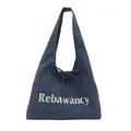 Blue denim canvas tote bag with bow tie and Rebawancy print on white background - Blue