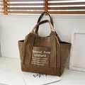Brown corduroy tote bag with large capacity and inspirational quote lettering - Khaki