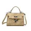 Borsa a mano classica in tela kaki stile Kelly con finiture in metallo argento - Kaki