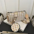 Borsa a tracolla pied de poule con portamonete rotondo e tracolla larga beige - Cachi