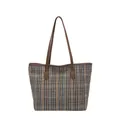 Grande borsa tote a quadri in tessuto tweed colorato con manici in pelle marrone scuro - Marrone