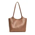 Vintage brown leather bucket tote bag with long shoulder straps and metal buckle details - Khaki without Charm