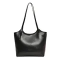 Classic black oil-waxed leather tote bag with glossy finish and long shoulder straps - Black