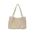 Sac fourre-tout en velours côtelé beige avec broderie chenille colorée et anneaux argentés - Poche zippée
