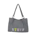 Grand sac cabas gris foncé en velours côtelé avec lettres brodées et anneaux argentés - Gris