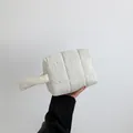 Chic cream quilted puffer clutch bag with top handle and grid stitching for women - White