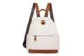 Minimalist beige oxford fabric backpack with brown leather trim and metal zipper accents - White